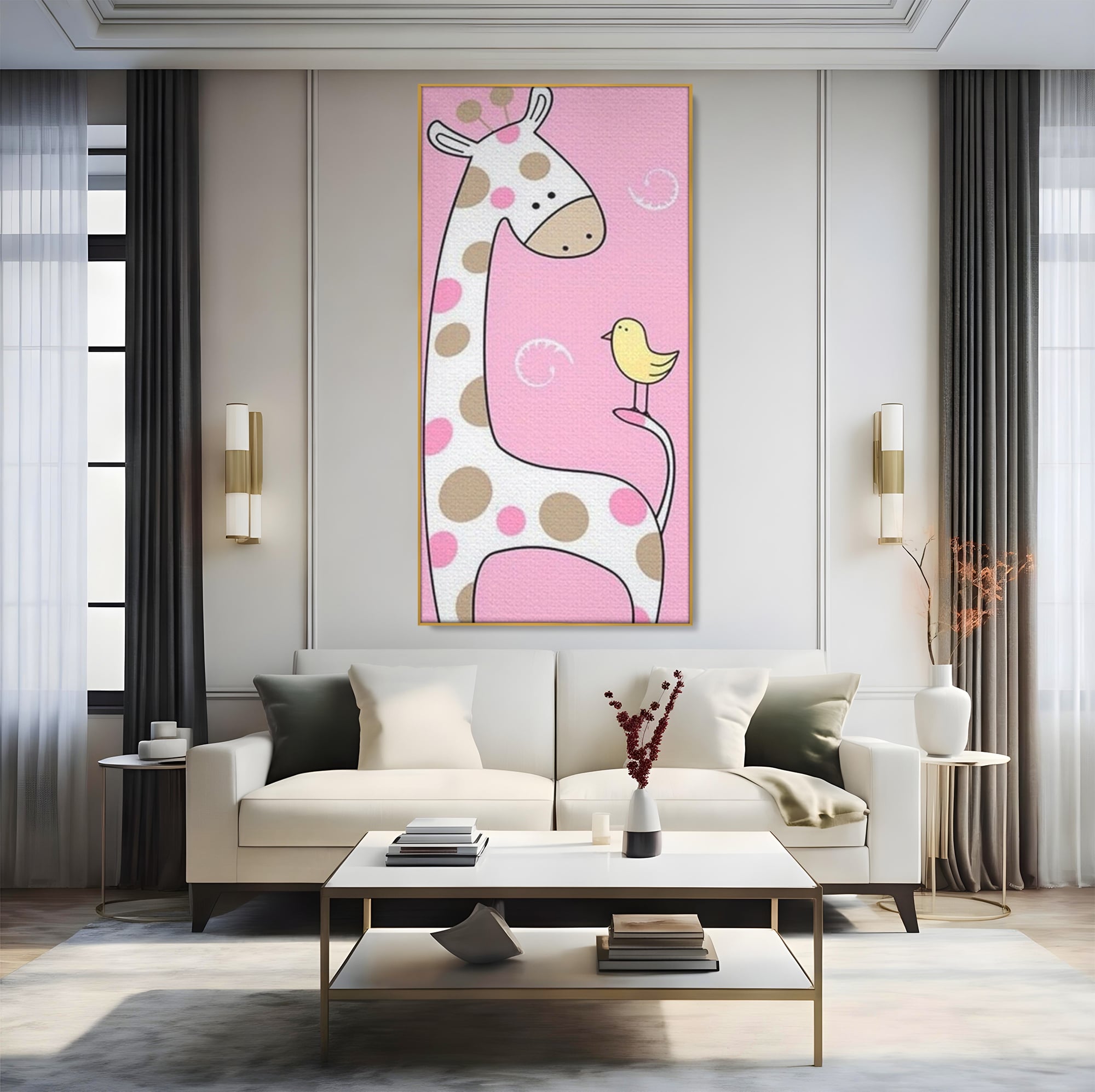 Tablou canvas cu ilustratie cu o girafa si o pasare, in rama de aluminiu auriu, pe perete intr-un living